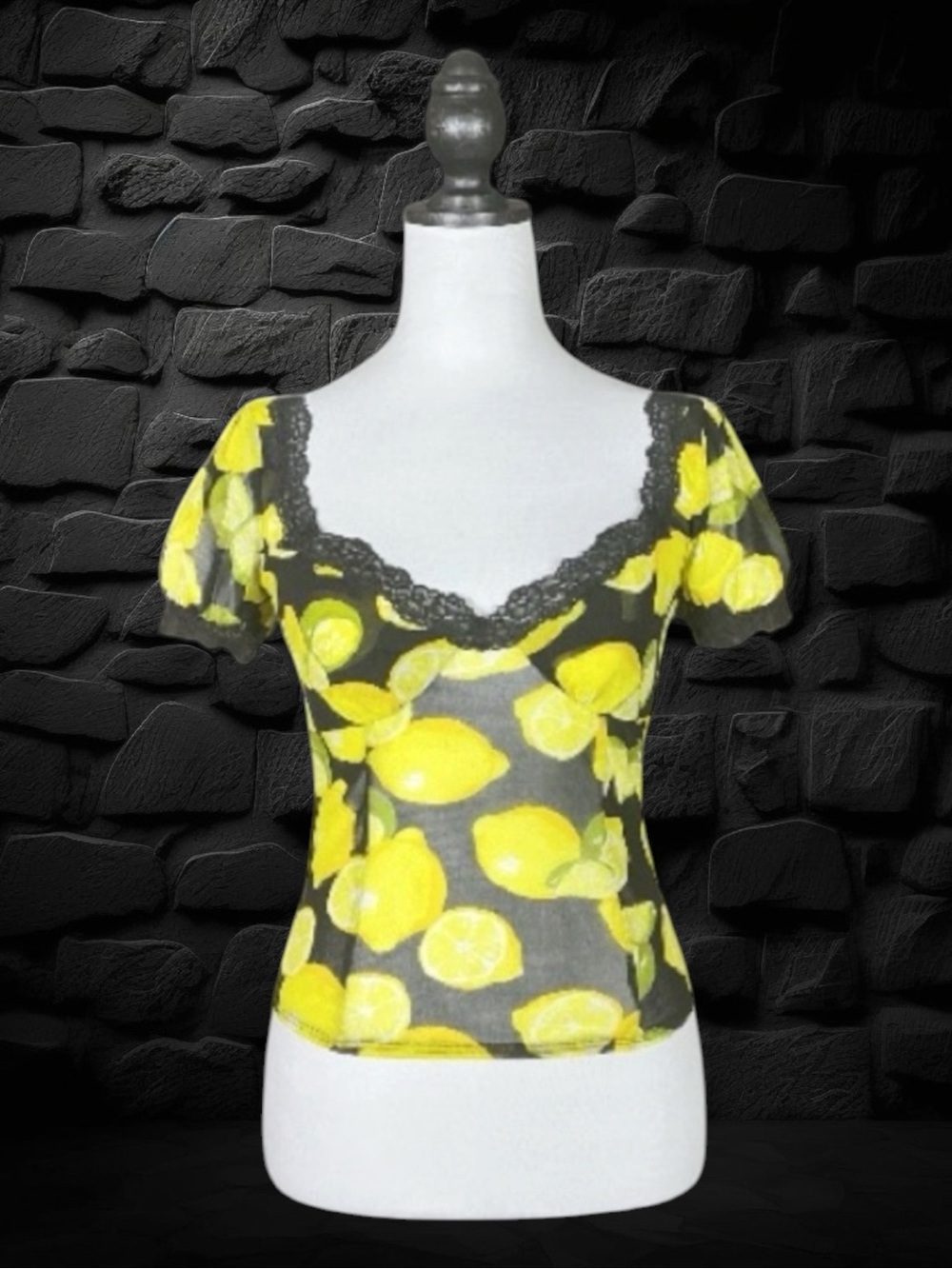 Urban Outfitters Kimchi Blue Top Black Yellow Lemon Print Mesh Lace Coquette M